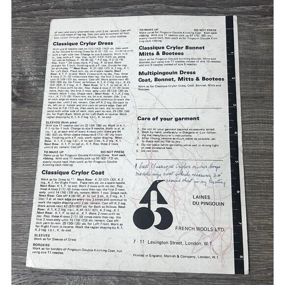 Vintage Pingouin Knitting Pattern Booklet Baby Outfit Design Paperback - Picture 3 of 3